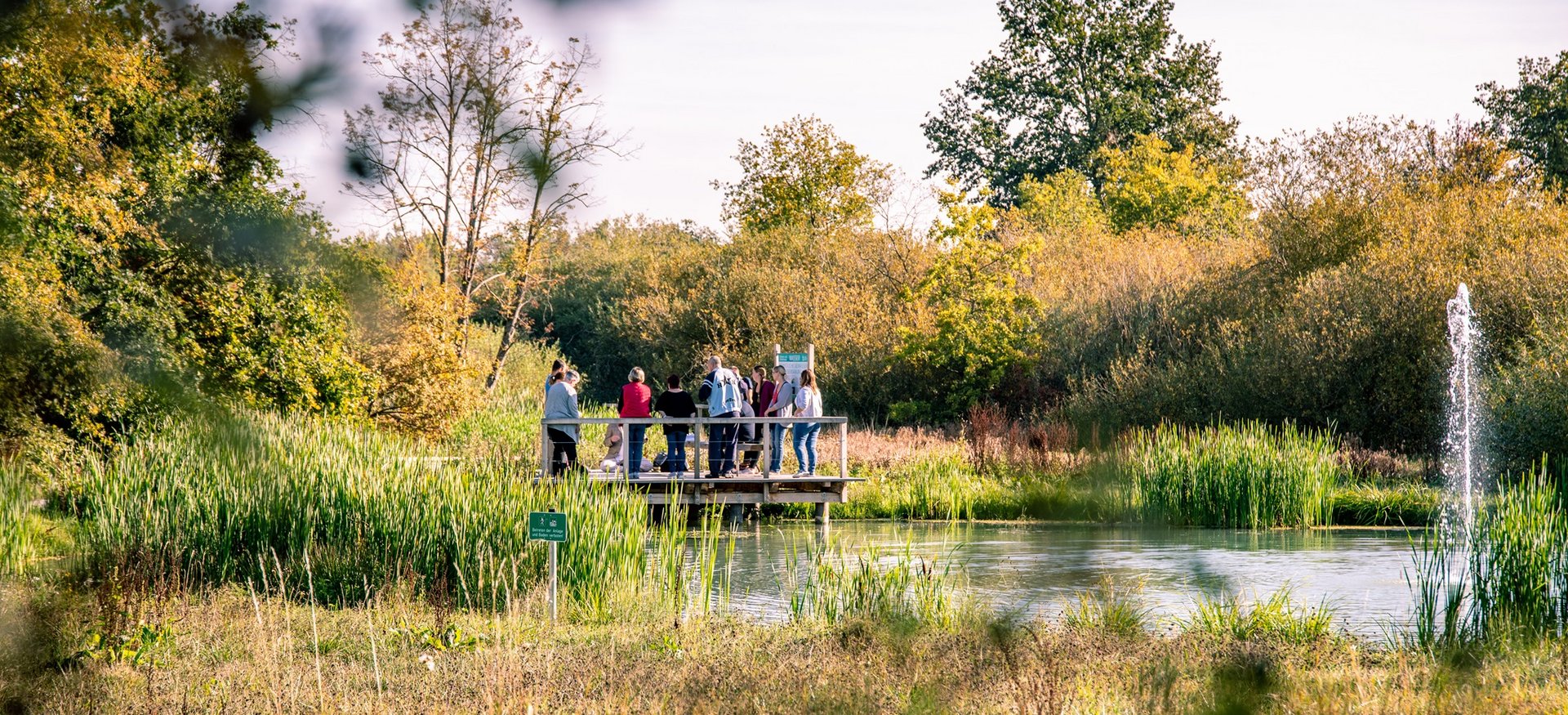 Menschen stehen auf einem Holzsteg an einem Teich.